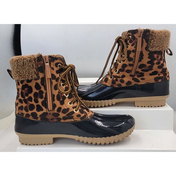 Nature Breeze Duck Boots Leopard Print Waterproof Faux Fur Rubber Sole Womens 8 - Picture 3 of 10